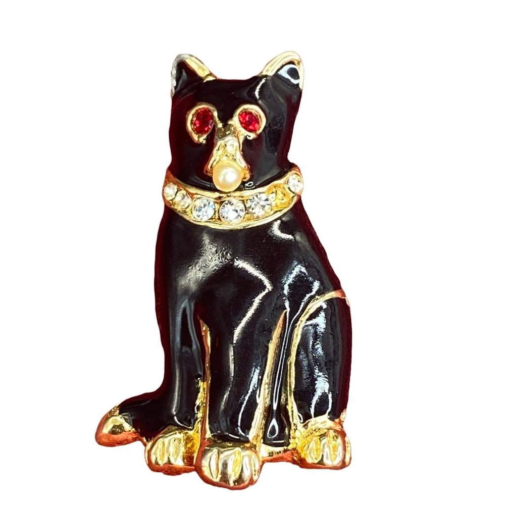 Vtg Black Cat Enamel Brooch Pin Red Rhinestone Eyes Pearl in Mouth Ball Toy